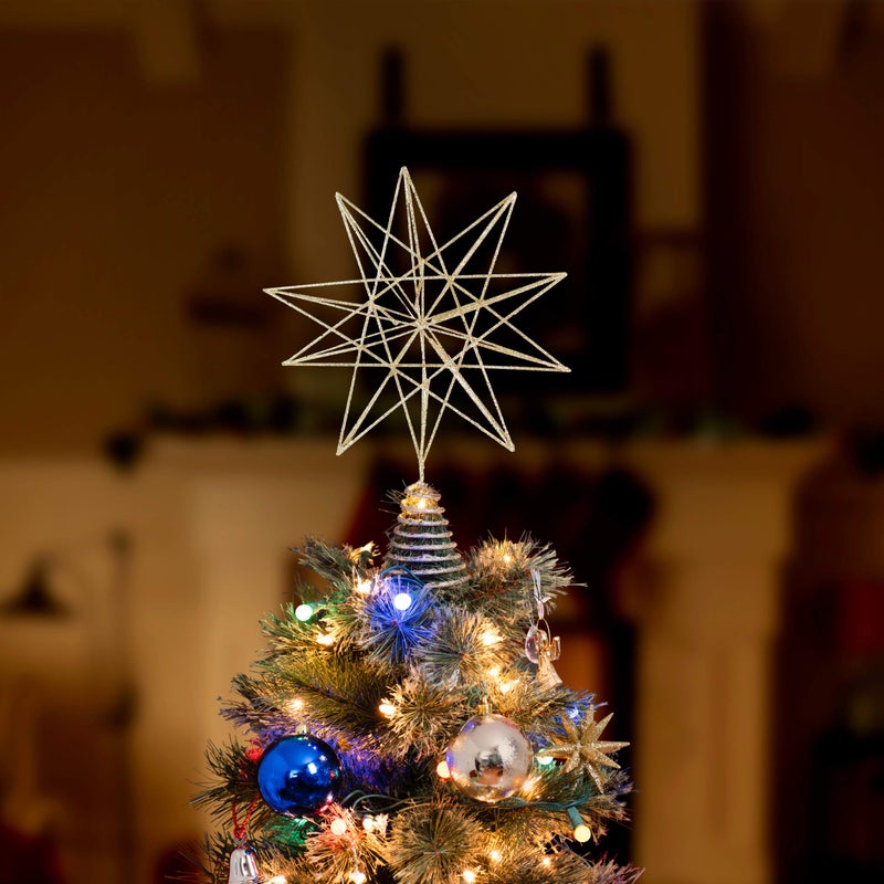 Ornativity Glitter Star Tree Topper - Christmas Sparkly Metal 3-D Dimensional Hallow Wire Star Xmas Tree Top Decor Ornament Decorations for Trees 13" - Image 3